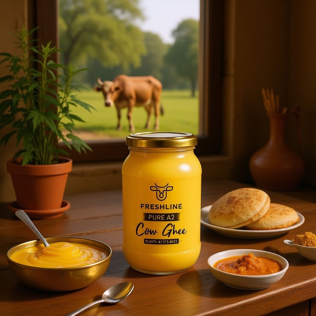 Farm Fresh A2 Cow Ghee Online from Freshline Dairy, pure hand-churned A2 desi cow ghee in glass jar