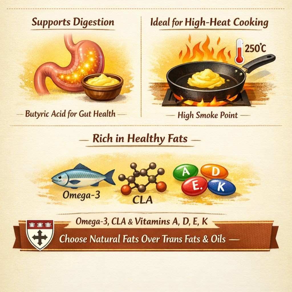 Health benefits of desi A2 cow ghee showing organic bilona ghee in a glass jar with golden texture