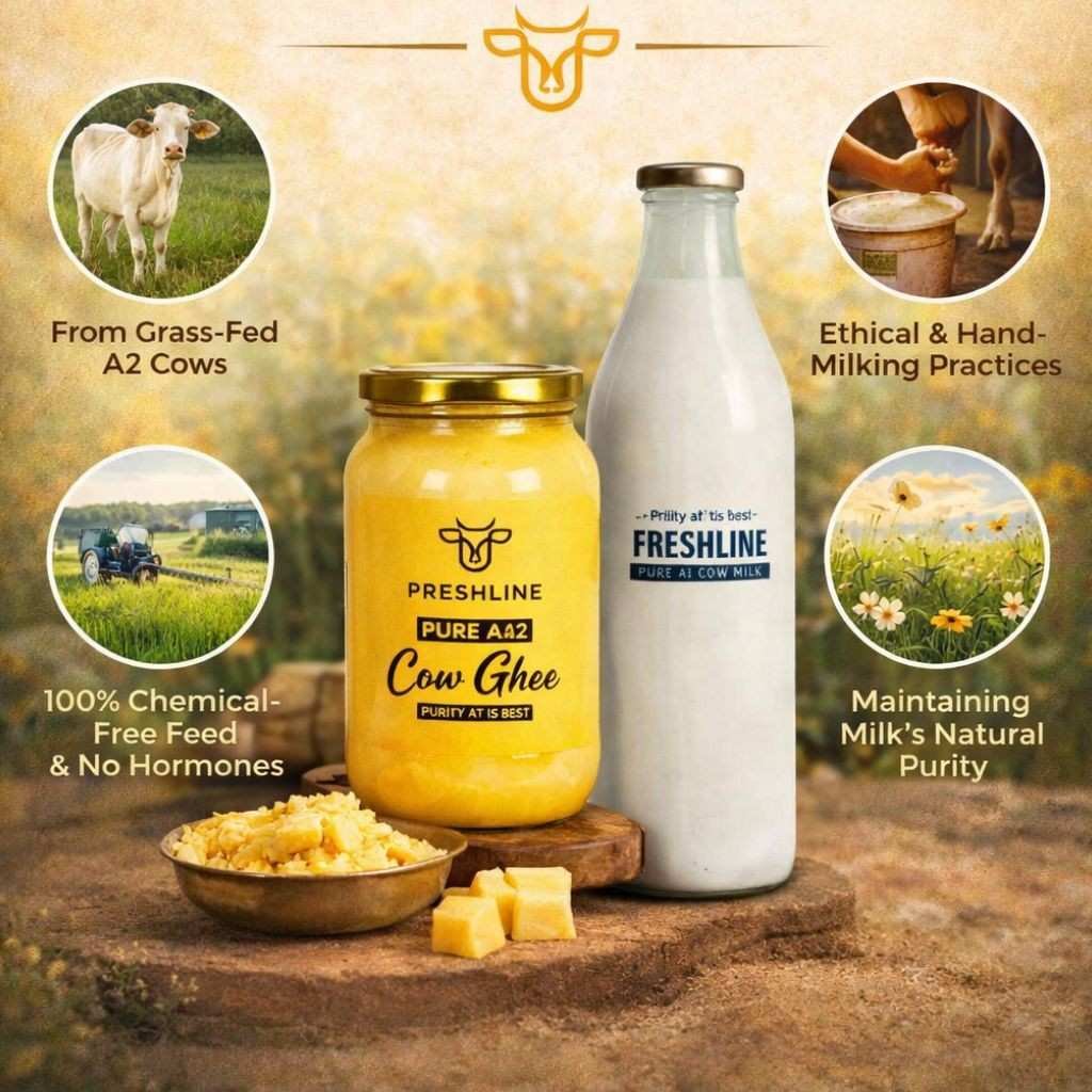 Freshline Dairy Pure A2 Cow Ghee and A2 Milk bottle showcasing grass-fed cows and ethical hand-milking practices